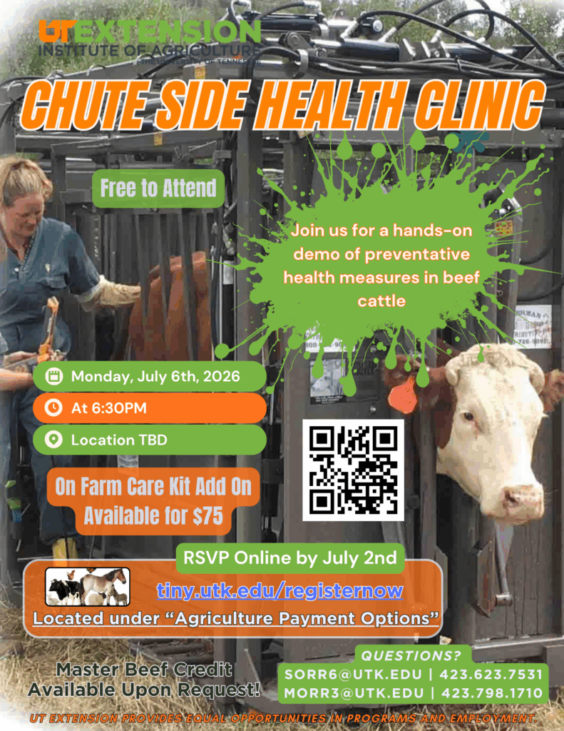 Chute side health clinic, July 6, 2026 at 6:30pm. Free, RSVP by July 2, 2026. At UT Extension office.