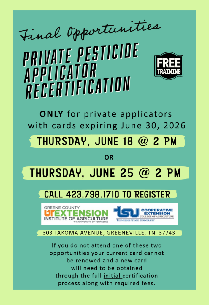 Free Private Applicator class for those whose cards are expiring on 6/18/26 or 6/25/26. at 2pm If you do not attend one of these two opportunities, your current card cannot be renewed, and a new card will need to be obtained through the full initial certification process along with required fees.